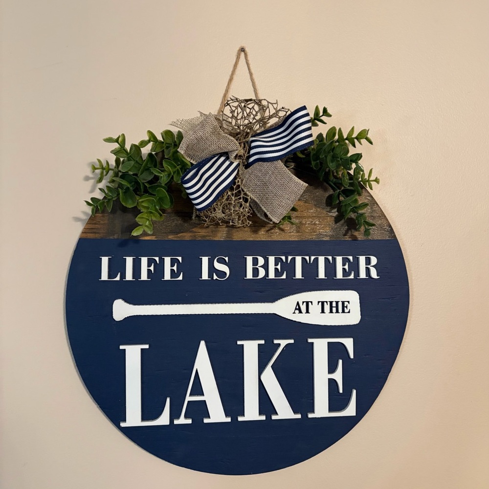 Navy "Life Is Better at the Lake" Round Wall Sign